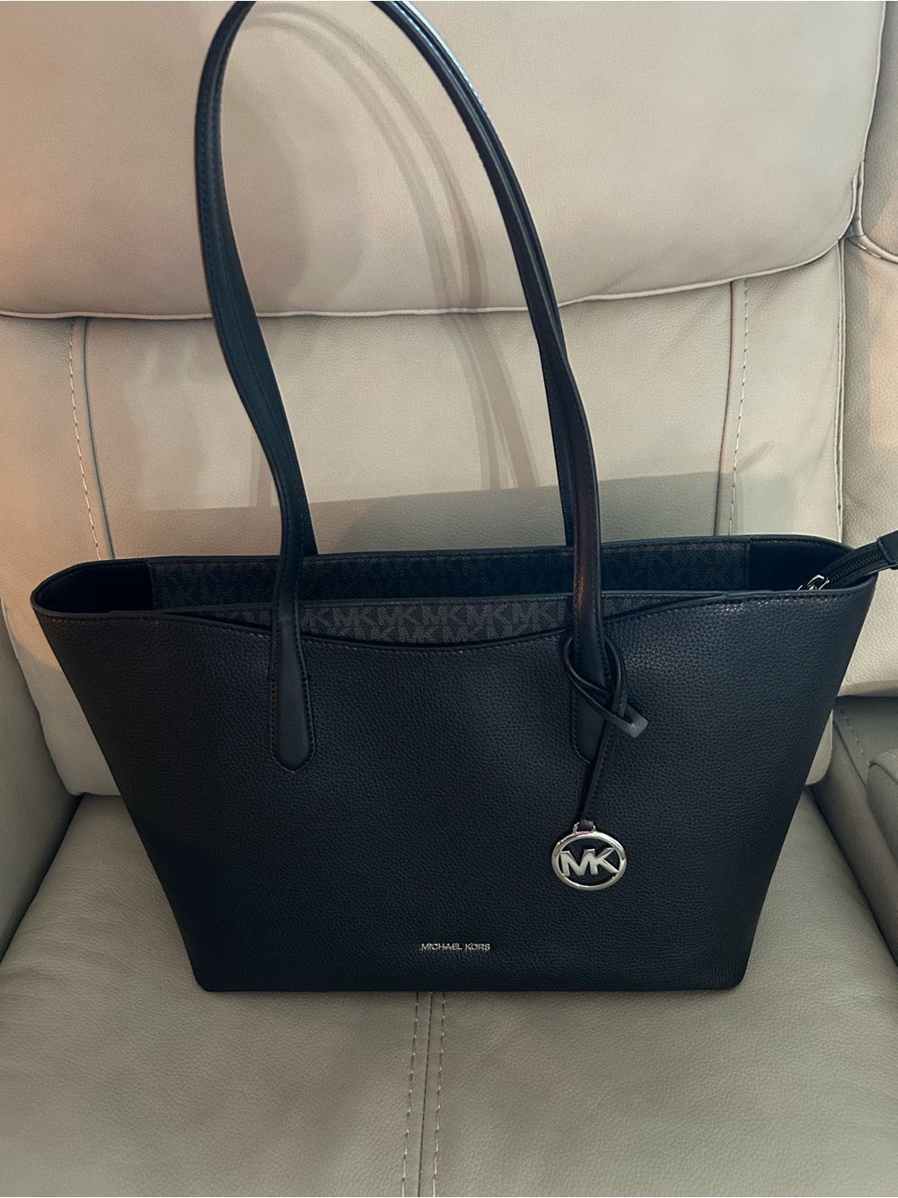 Michael Kors Black Pebbled Leather Logo Tote with MK Charm